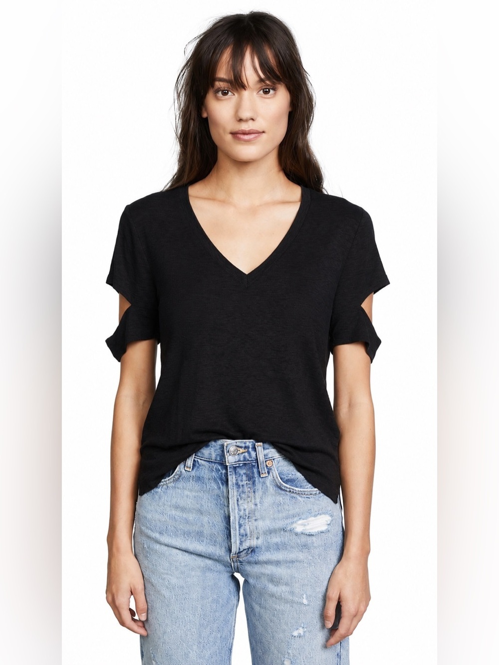 LNA Black V-Neck Tee with Sleeve Cutouts – Size Small